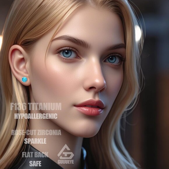 Blue hypoallergenic ASTM F136 Titanium screw-on stud earrings with rose cut cubi - Picture 2 of 5